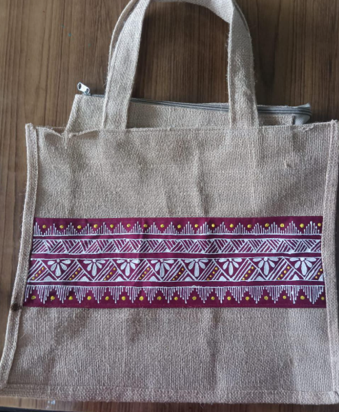 Handcrafted Jute Tote Bag | 15x12 Inch Jute Bag with Zipper | Hand-Painted Indian Aipan Art Tote