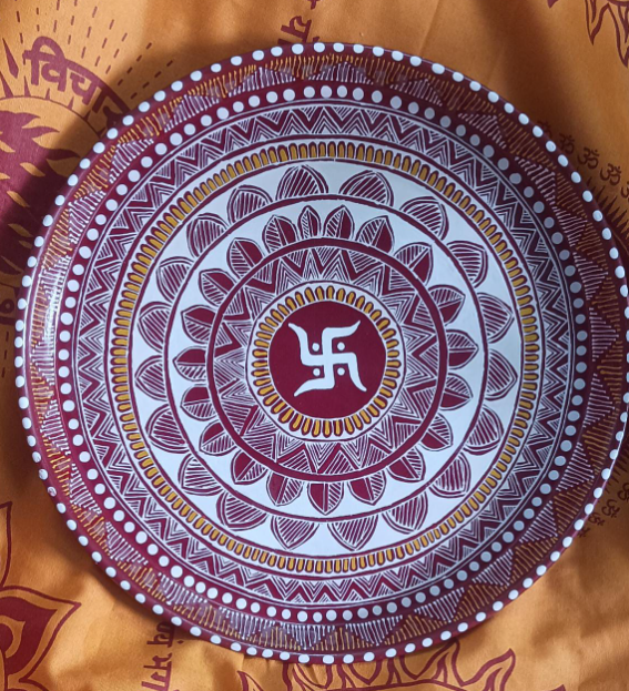 Handcrafted Decorative Plate| Big Hand-Painted Aipan Thali | Pooja & Decorative Plate with Swastika Design