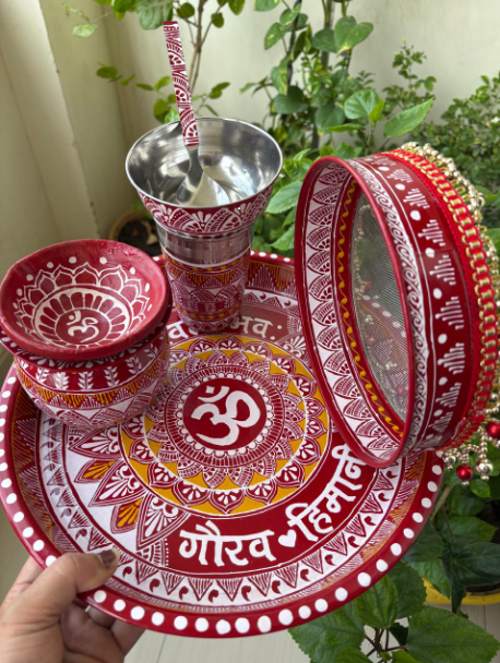 Hand-Painted Karwa Chauth Thali Set | Complete Pooja Kit with Lota & Chhalni(