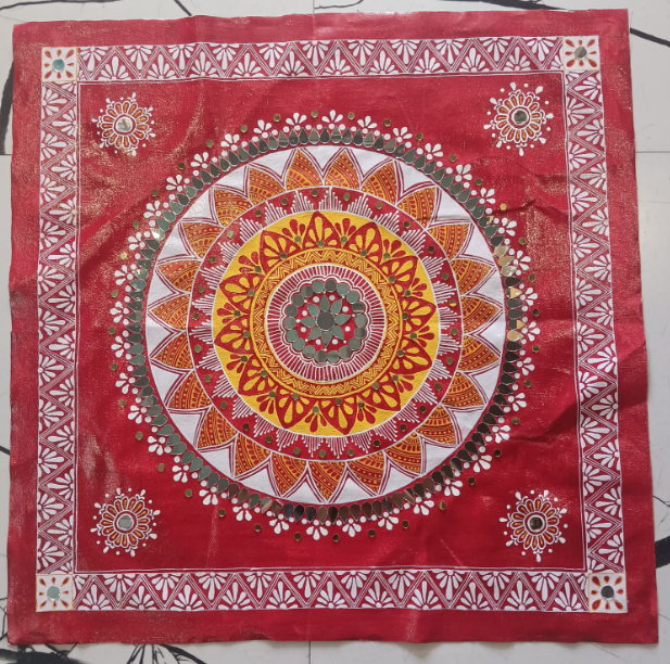 Hand-Painted Aipan Mandala Canvas (20x20 inches) without frame| Handmade Mandala Art Cloth with mirror work