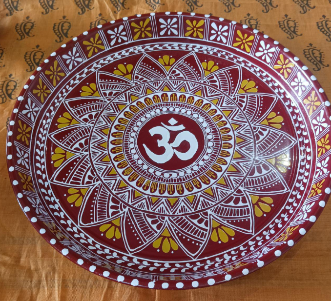 Hand-Painted Aipan Pooja Thali | Traditional Hindu Ritual Plate with Swastika Om Symbol