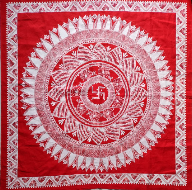 Handcrafted Mandala Textile Art | Hand-Painted Auspicious Swastik Cloth (34x34 inches) without frame