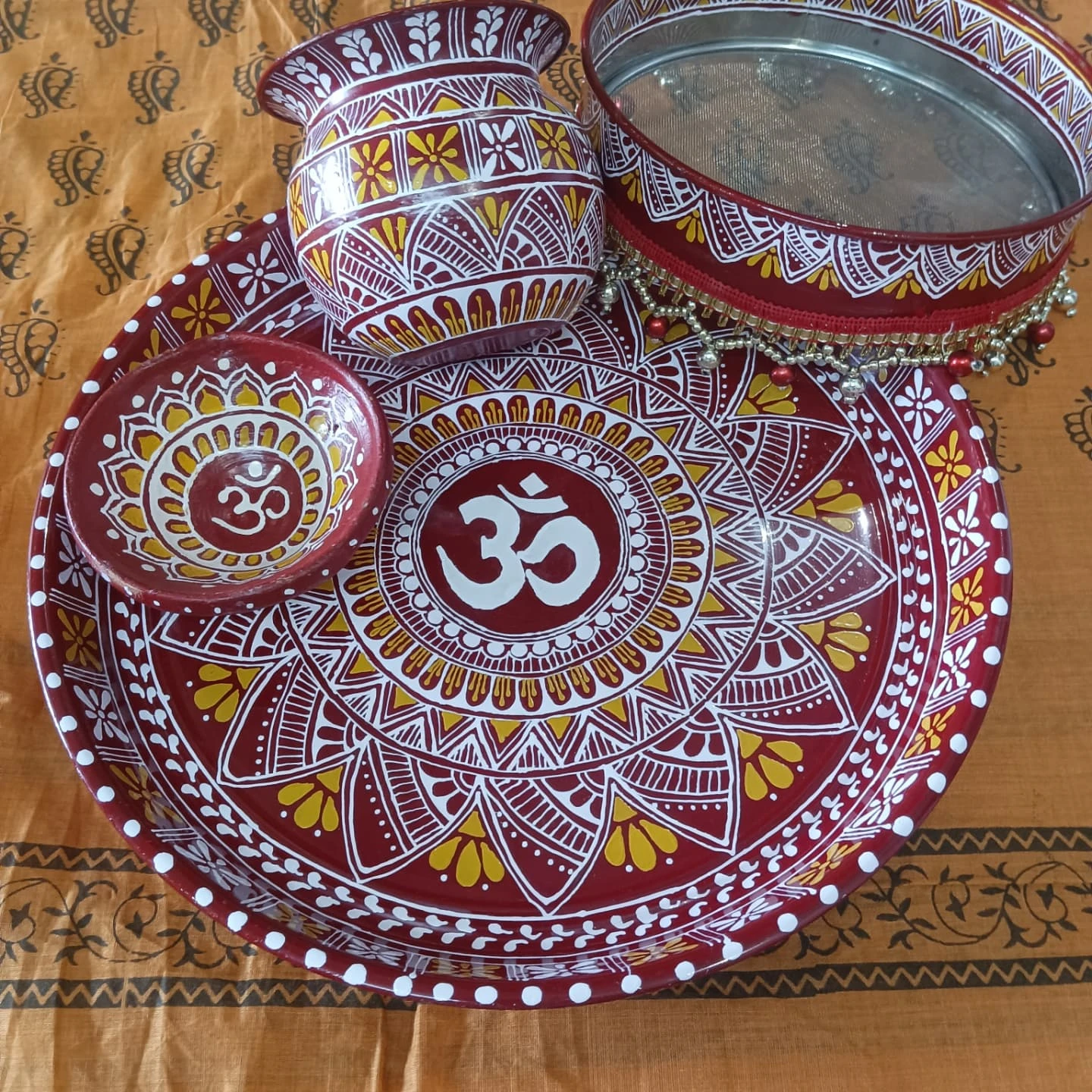 Aipan Designed thali set | karwa chauth | Hand-painted Hindu Puja Thali Set |} Diwali diya set with Thali