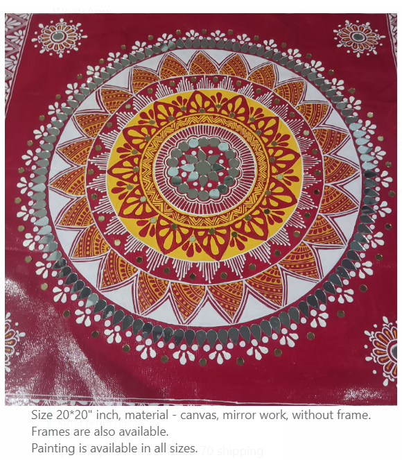 Hand-Painted Aipan Mandala Canvas (20x20 inches) without frame| Handmade Mandala Art Cloth with mirror work