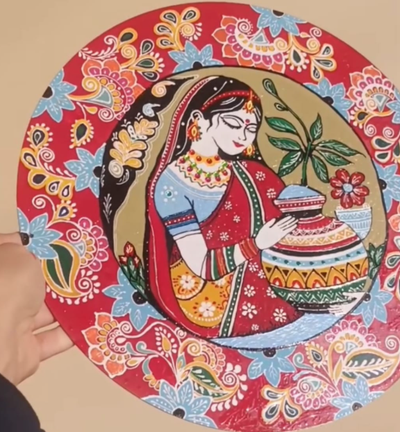 Indian Village Woman Art Plate | 12" Hand-Painted MDF Wall Decor | Ethnic Home Decor