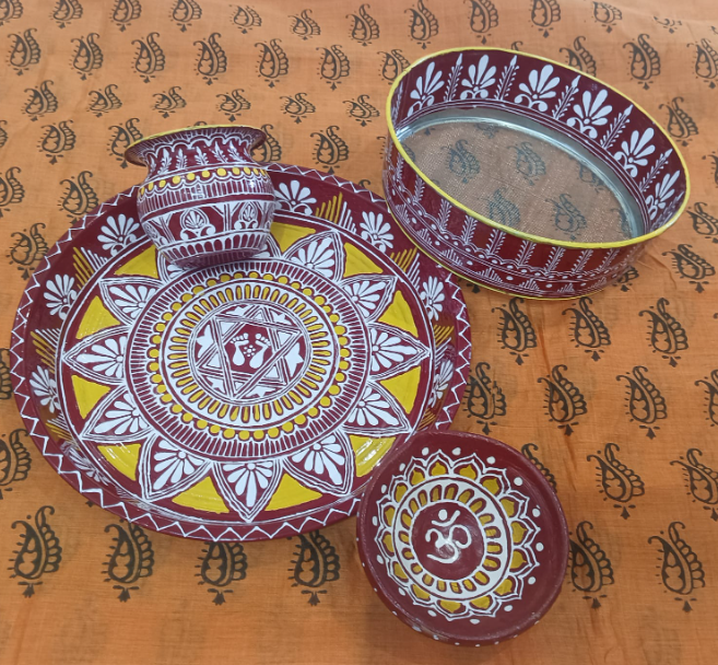 Hand-Painted Om Decorative karwachauth pooja Plate set 