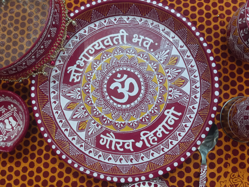 Hand-Painted Karwa Chauth Thali Set | Complete Pooja Kit with Lota & Chhalni(
