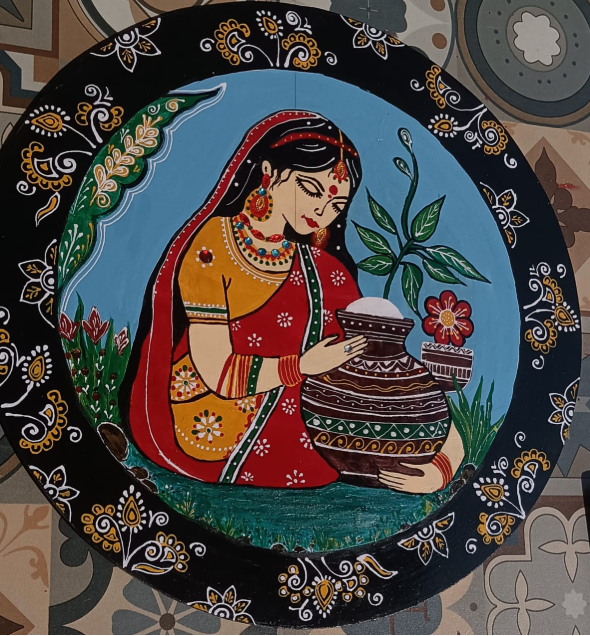 Traditional Indian Woman Painting on 12" MDF Wall Decor | Hand-Painted Folk Art Plate