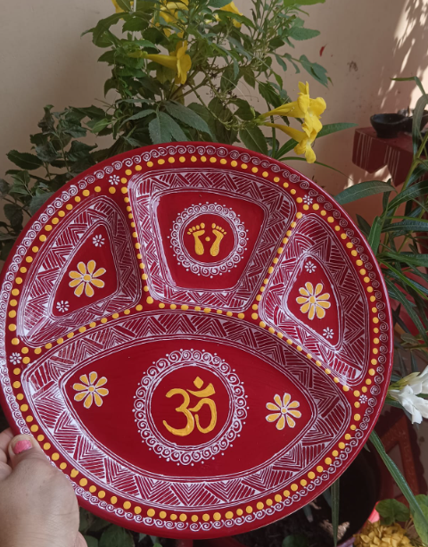 Stainless Steel Hand-Painted Pithiya Plate (12 inches) | Handcrafted Red Pooja Thali