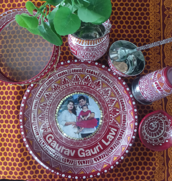 Personalized Karwa Chauth Thali Set |7-Piece Hand-Decorated Pooja Kit