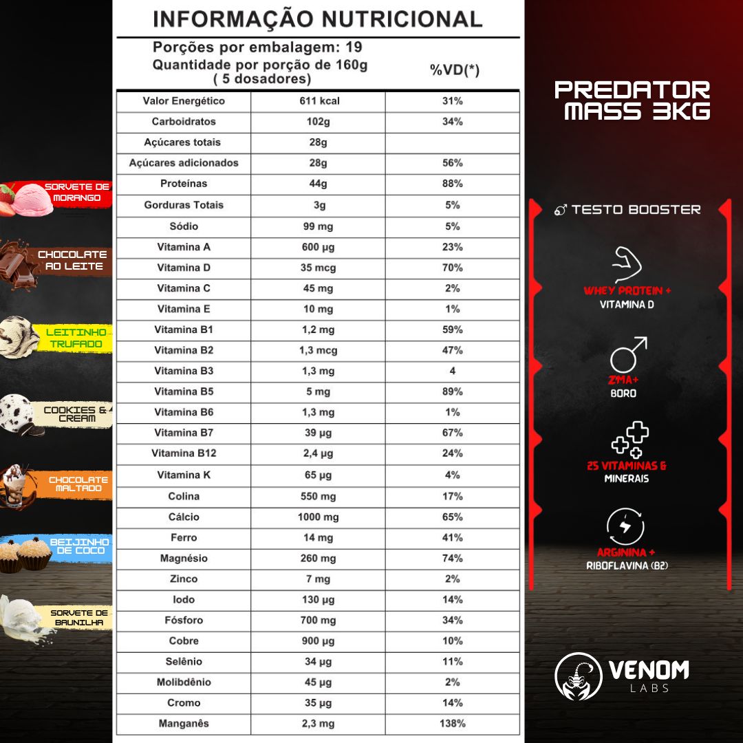 Hipercalórico Predator Mass (3Kg) Venom Labs - Sabor Cookies and Cream