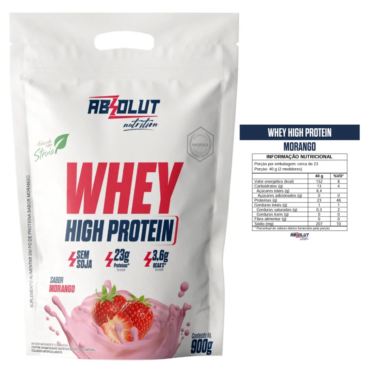 Whey High Protein (900g) Absolut Nutrition - Sabor Morango