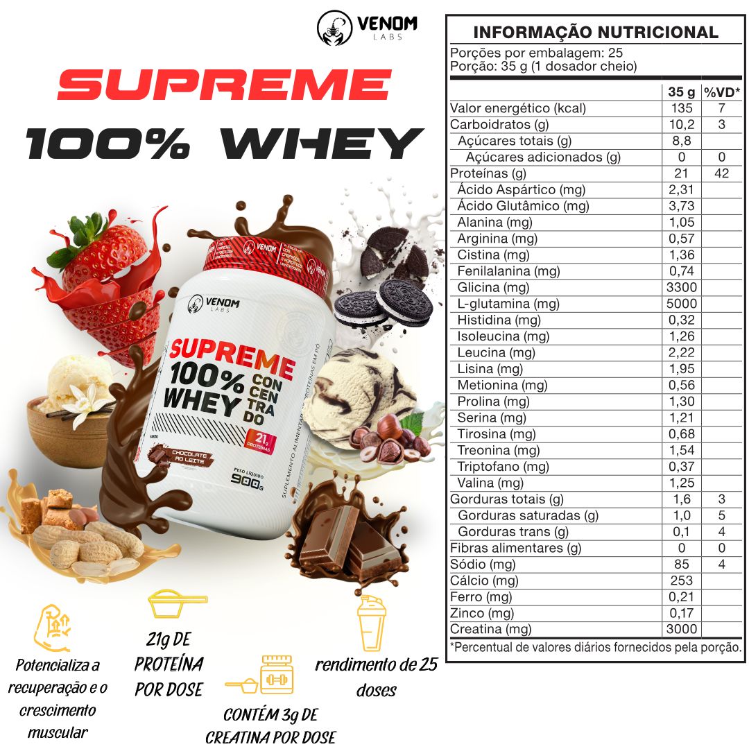 Supreme 100% Whey (900g) Venom Labs - Sabor Sorvete de Morango