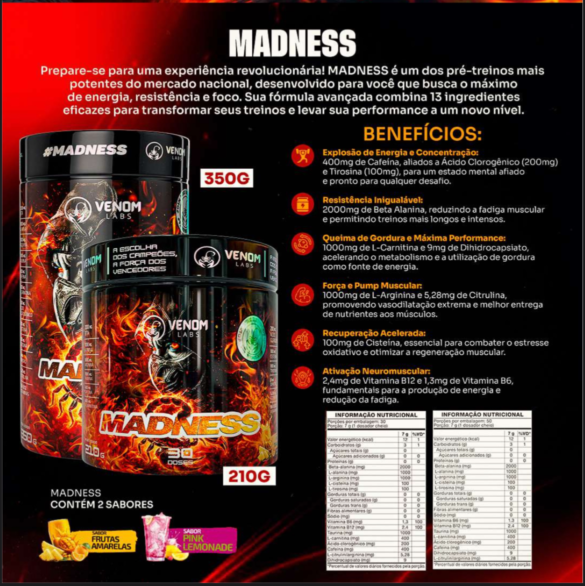 Sachê Pré-treino Madness (7g) Venom Labs - Sabor Pink Limonade