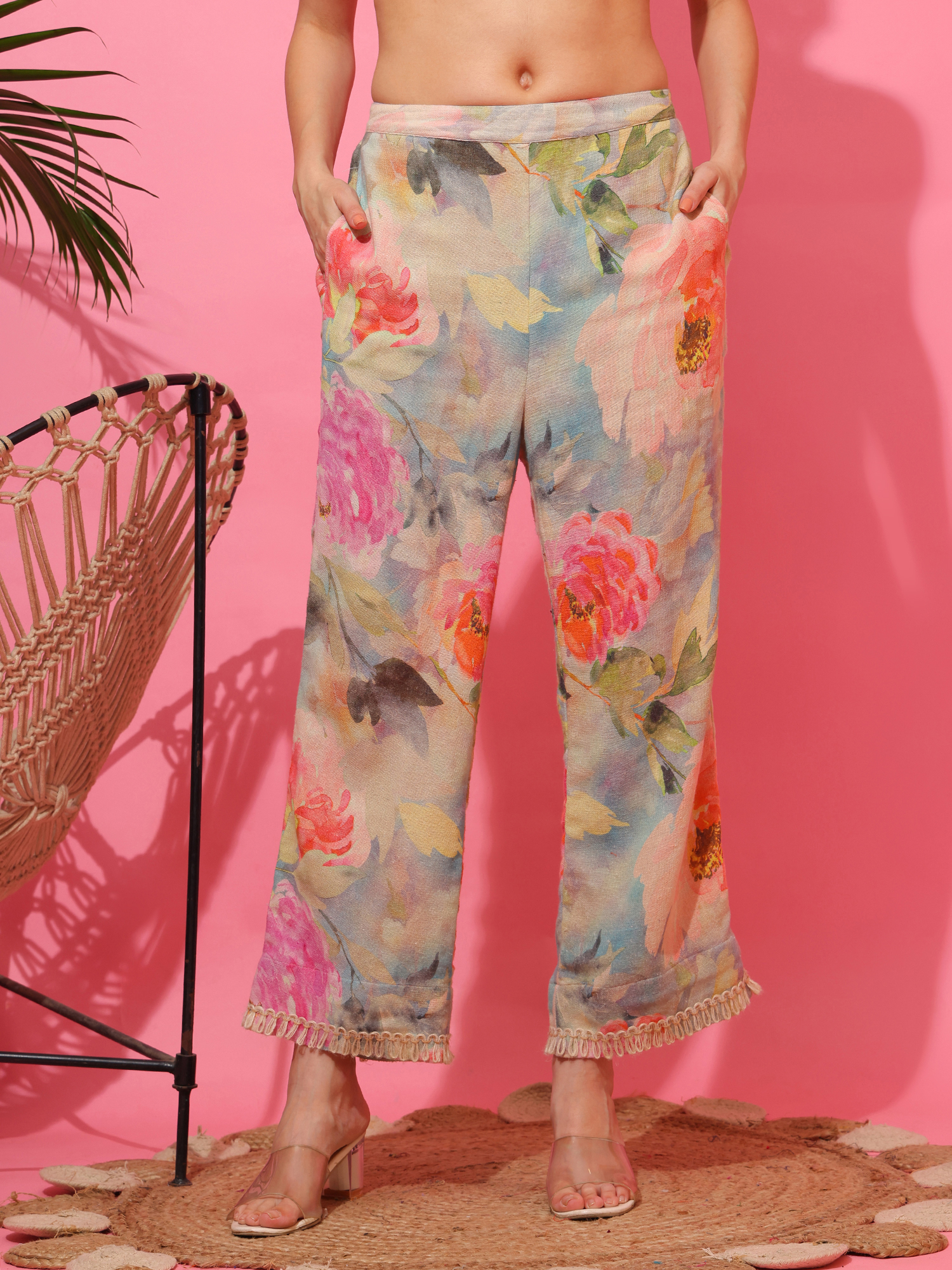 Floral Print Halter Top and Wide Leg Pants Set