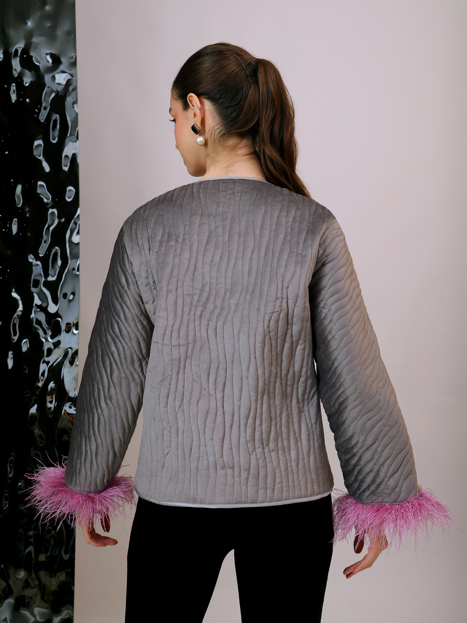 Grey Quilted Jacket with Feathered Cuffs