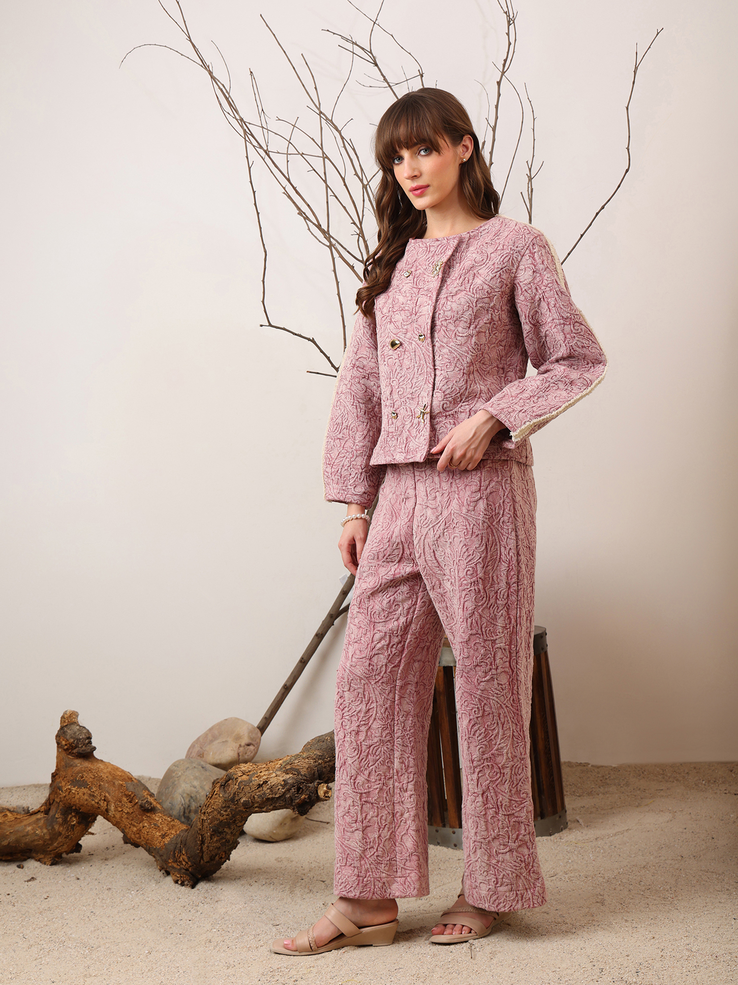 Textured Pink Wide-Leg Pants