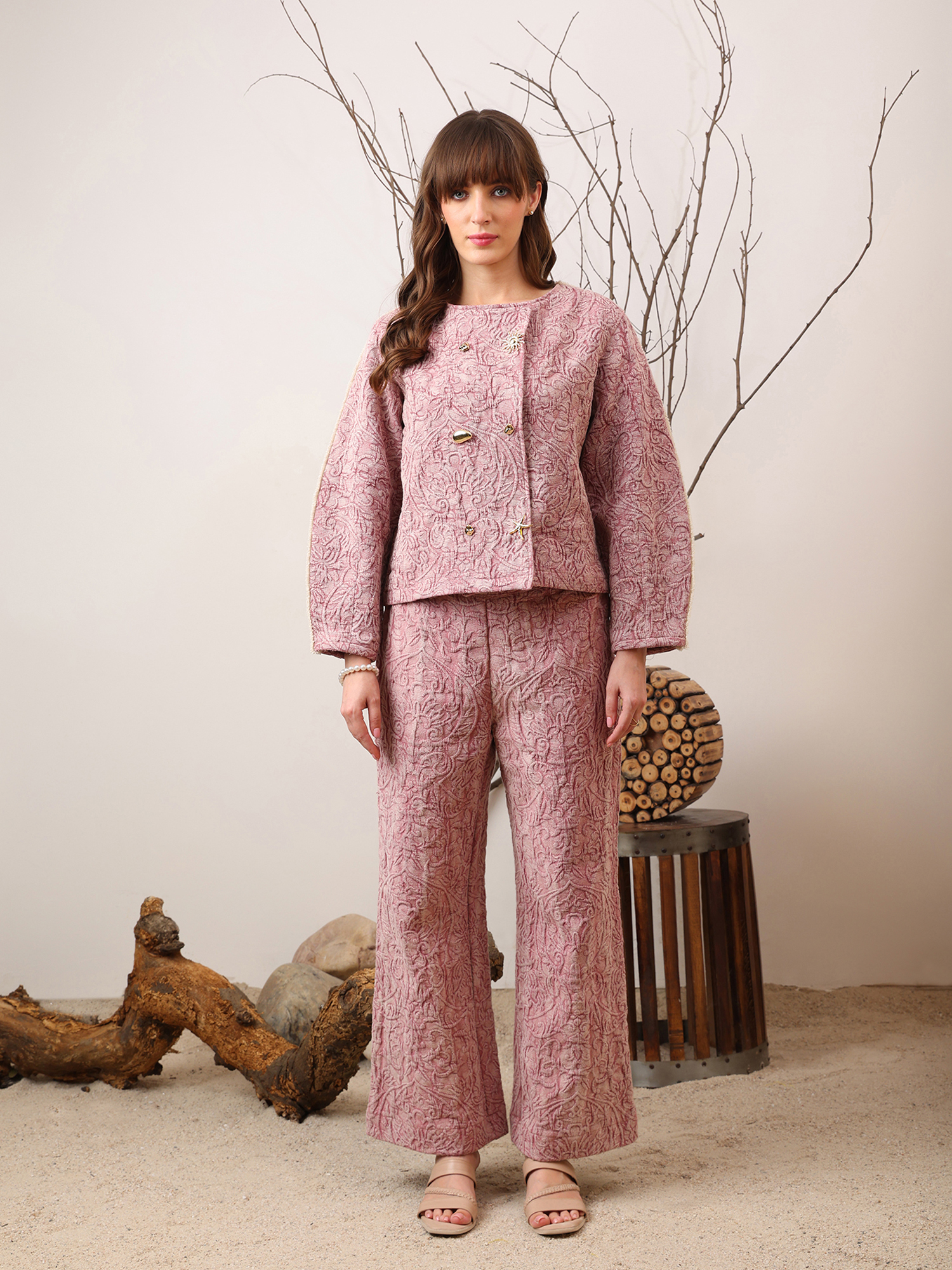 Textured Pink Wide-Leg Pants