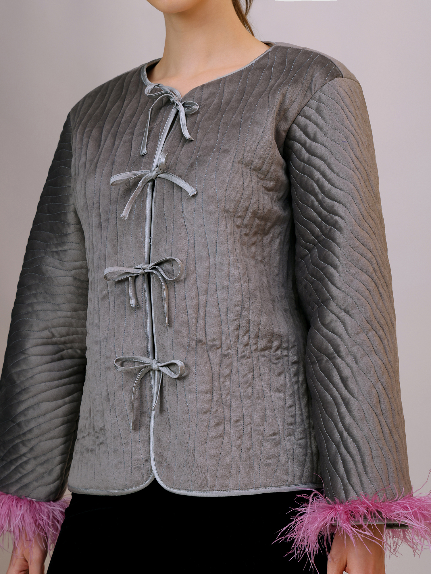 Grey Quilted Jacket with Feathered Cuffs
