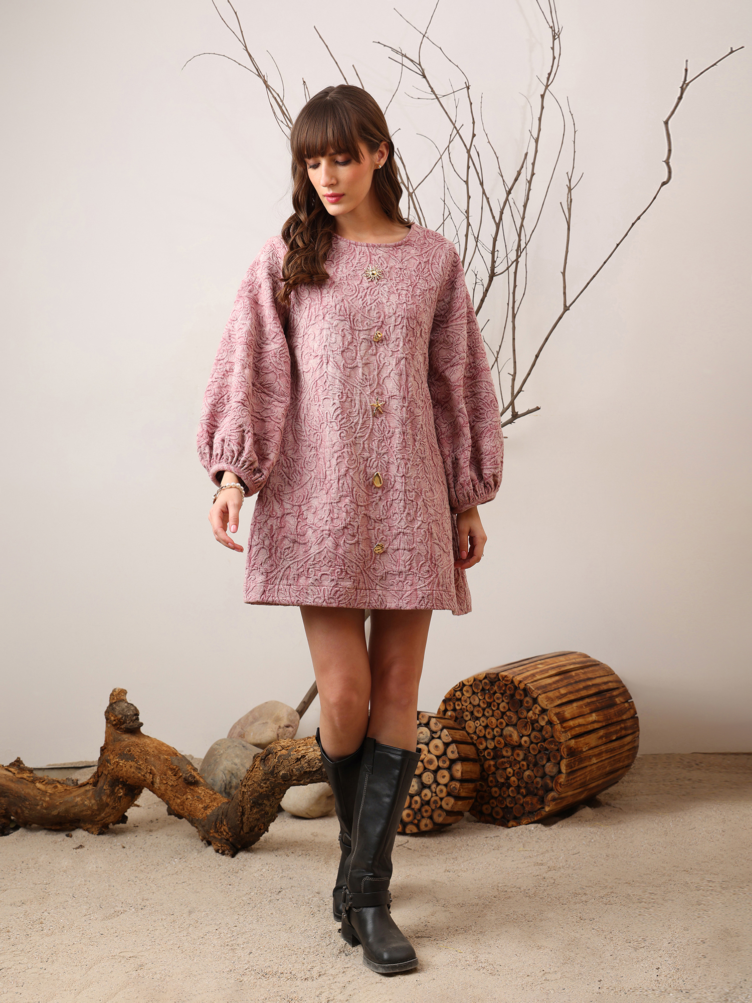 Textured Pink Long-Sleeve Dress