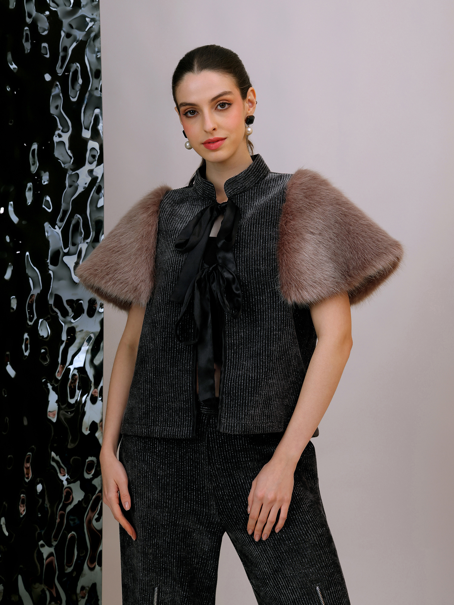 Plush Tie-Up Fur Jacket Co-ord Set