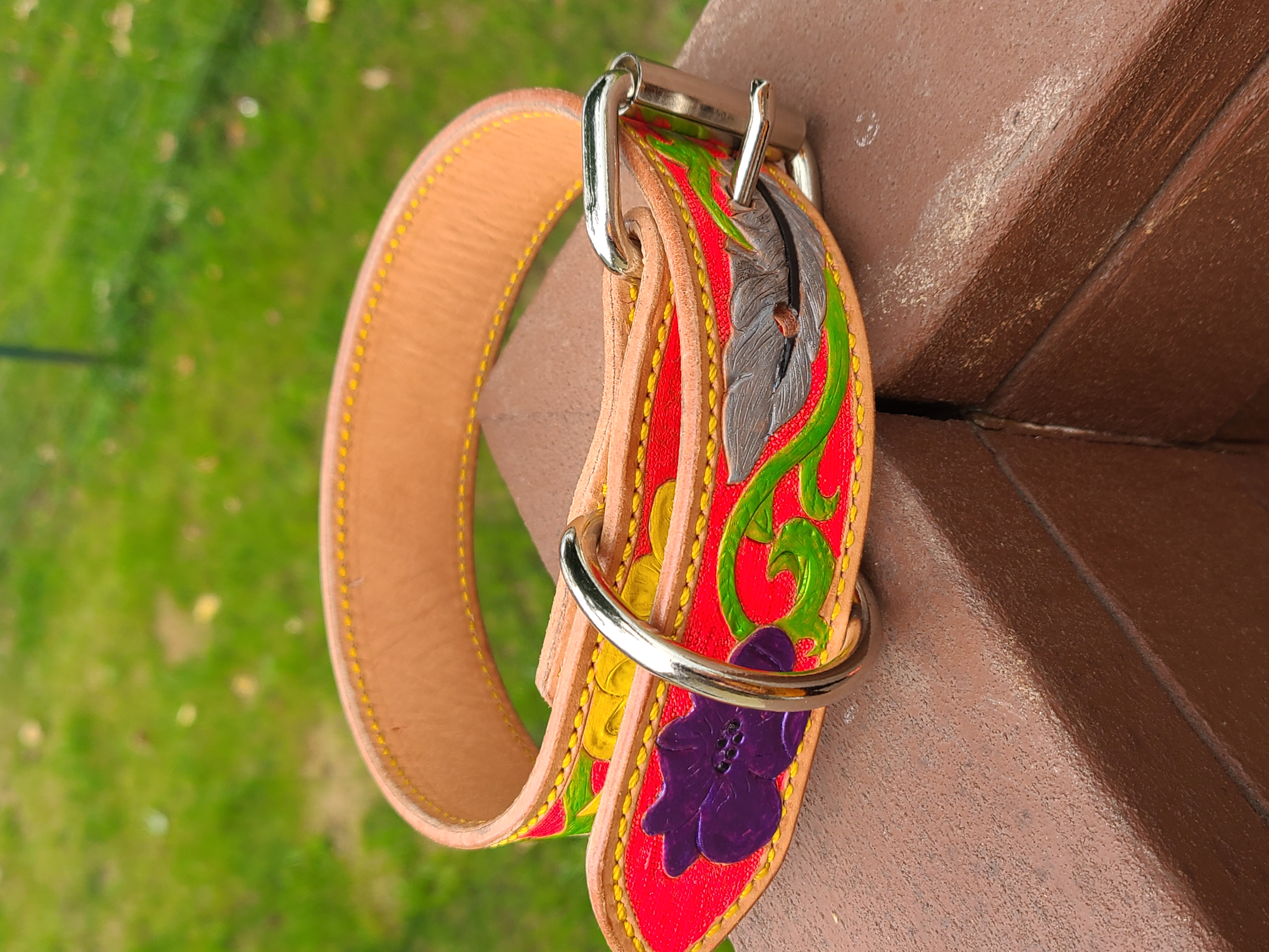 Flowers and Feathers Leather Dog Collar