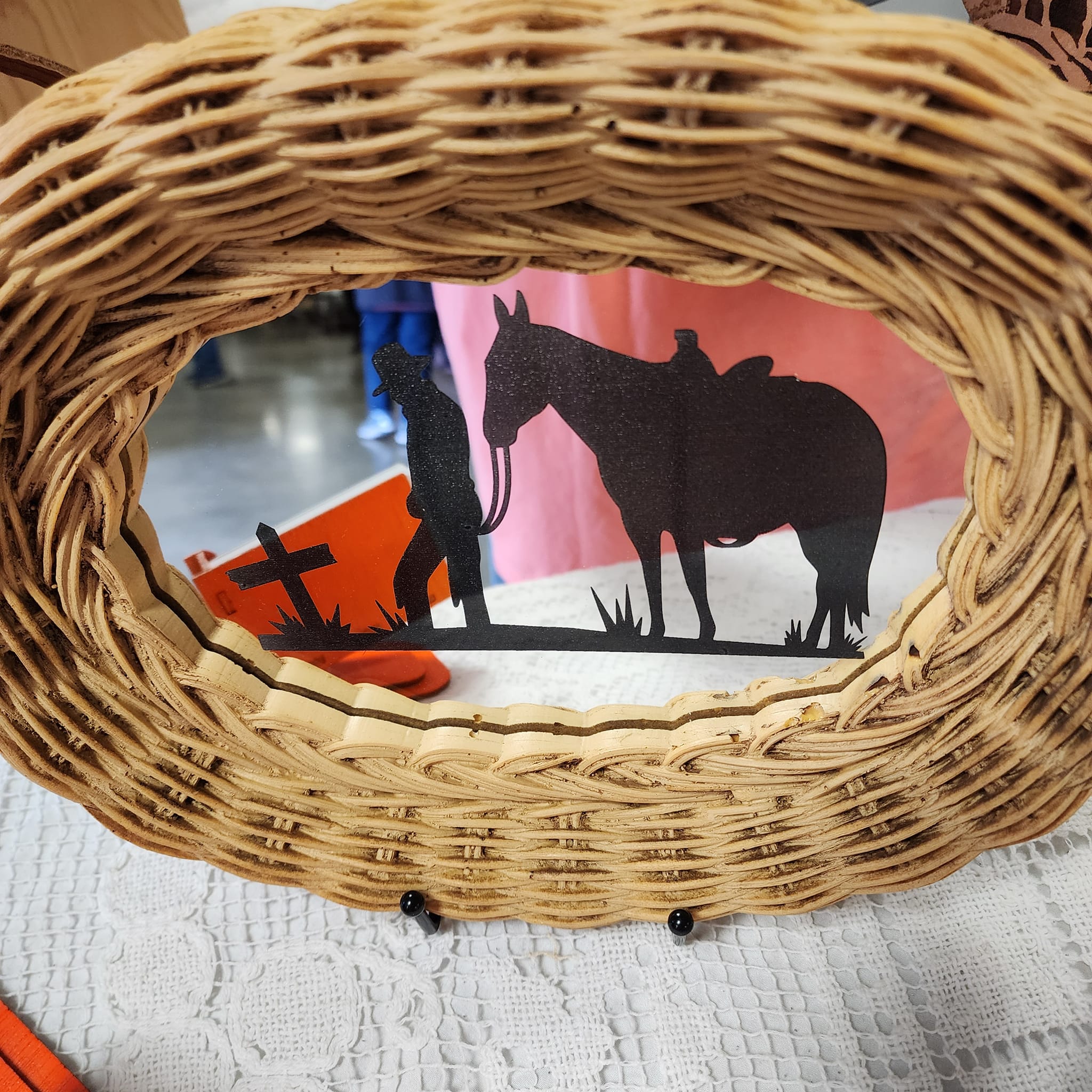Handcrafted Woven Art with Cowboy and Horse Silhouette