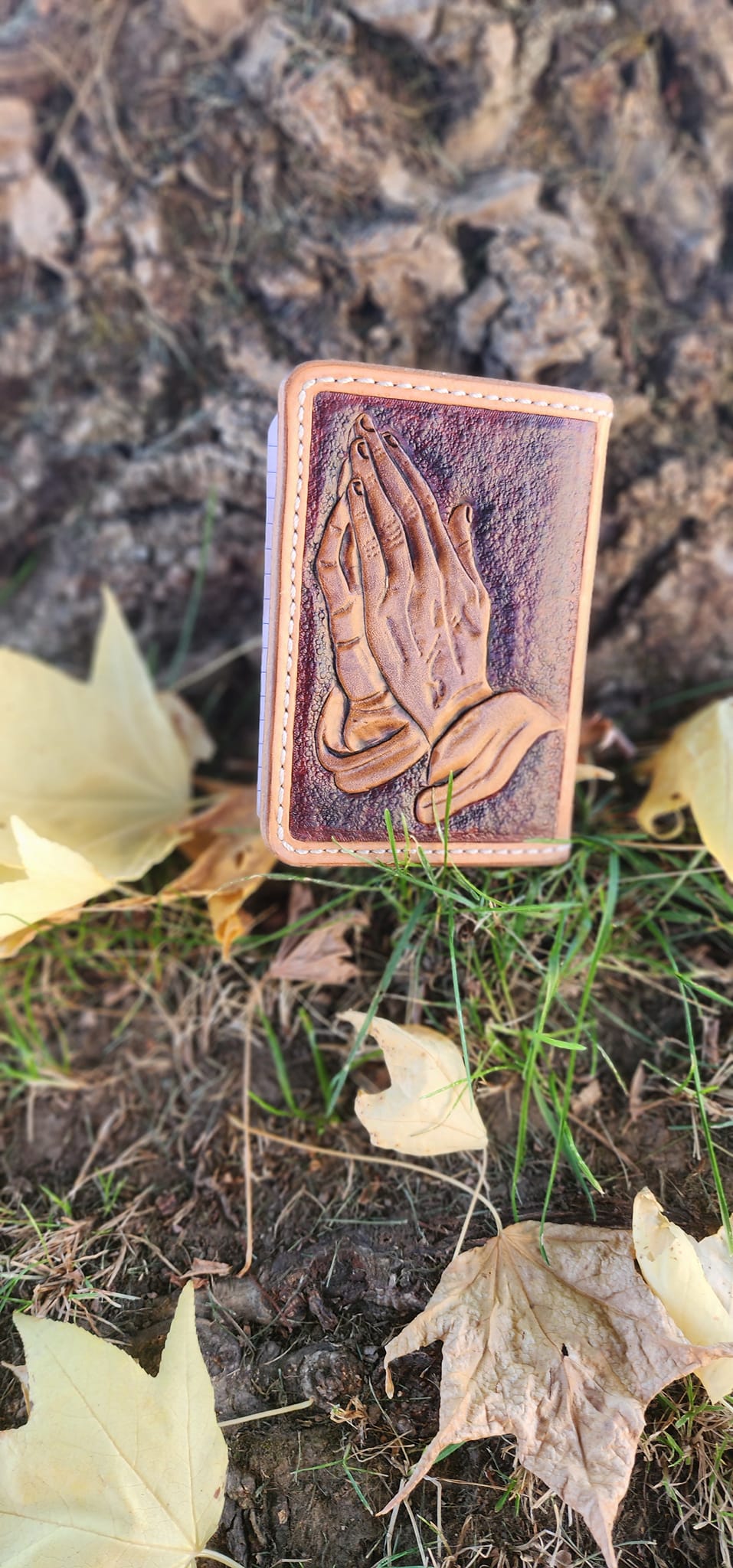 Leather mini notebook with praying hands design