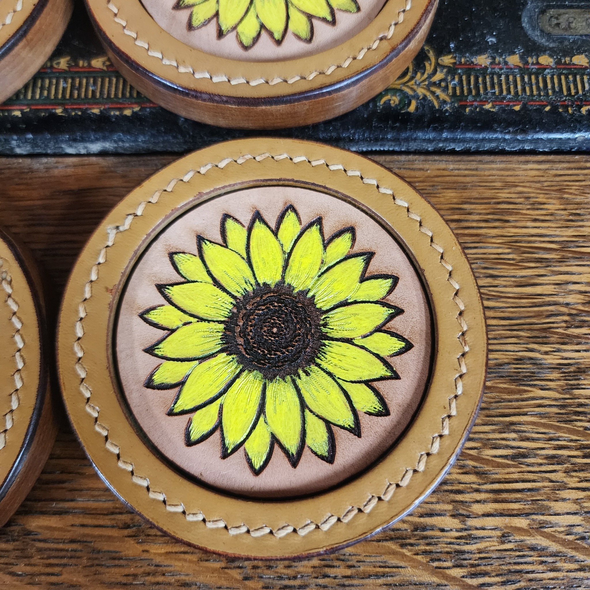 Handcrafted Sunflower Leather Coaster