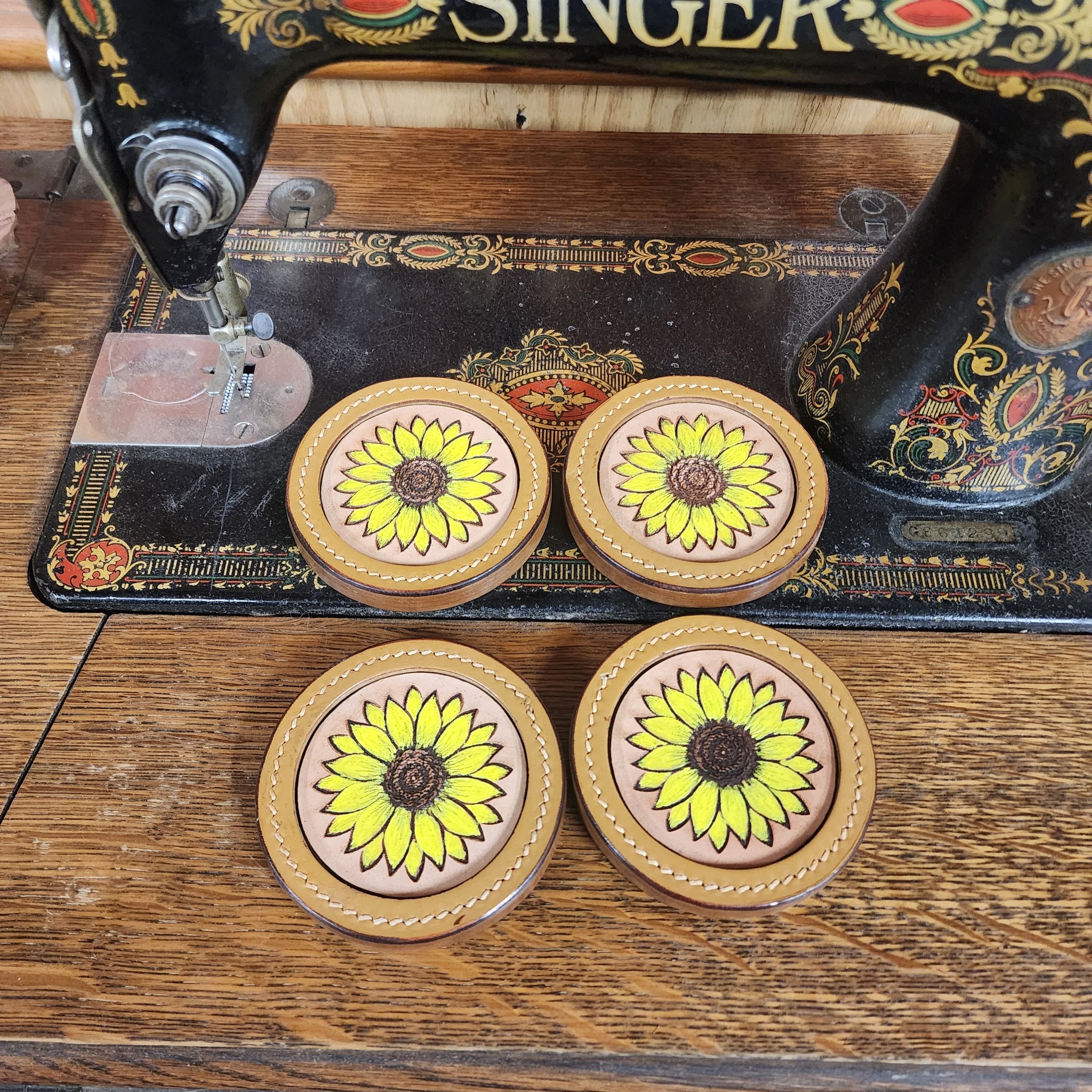 Handcrafted Sunflower Leather Coaster