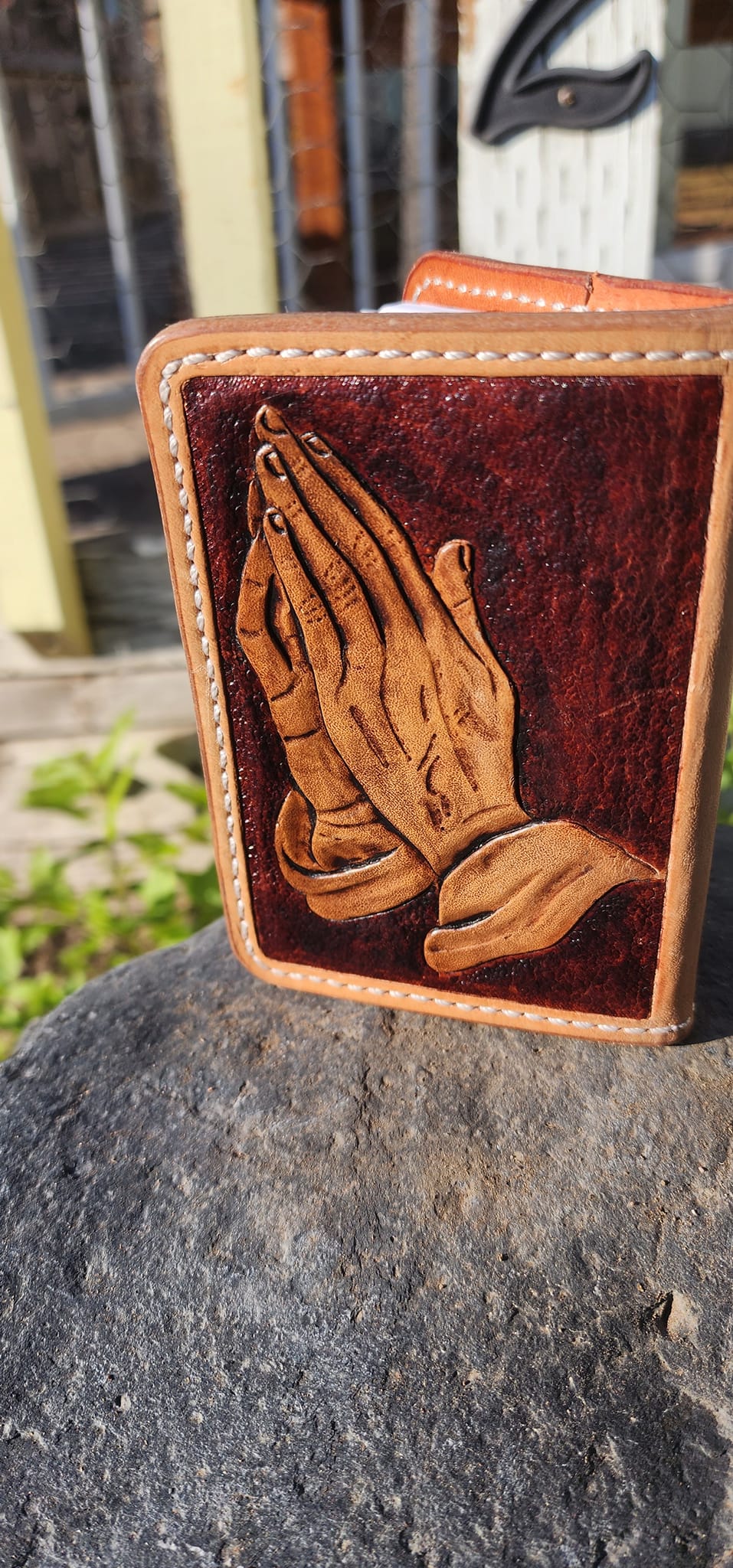 Leather mini notebook with praying hands design