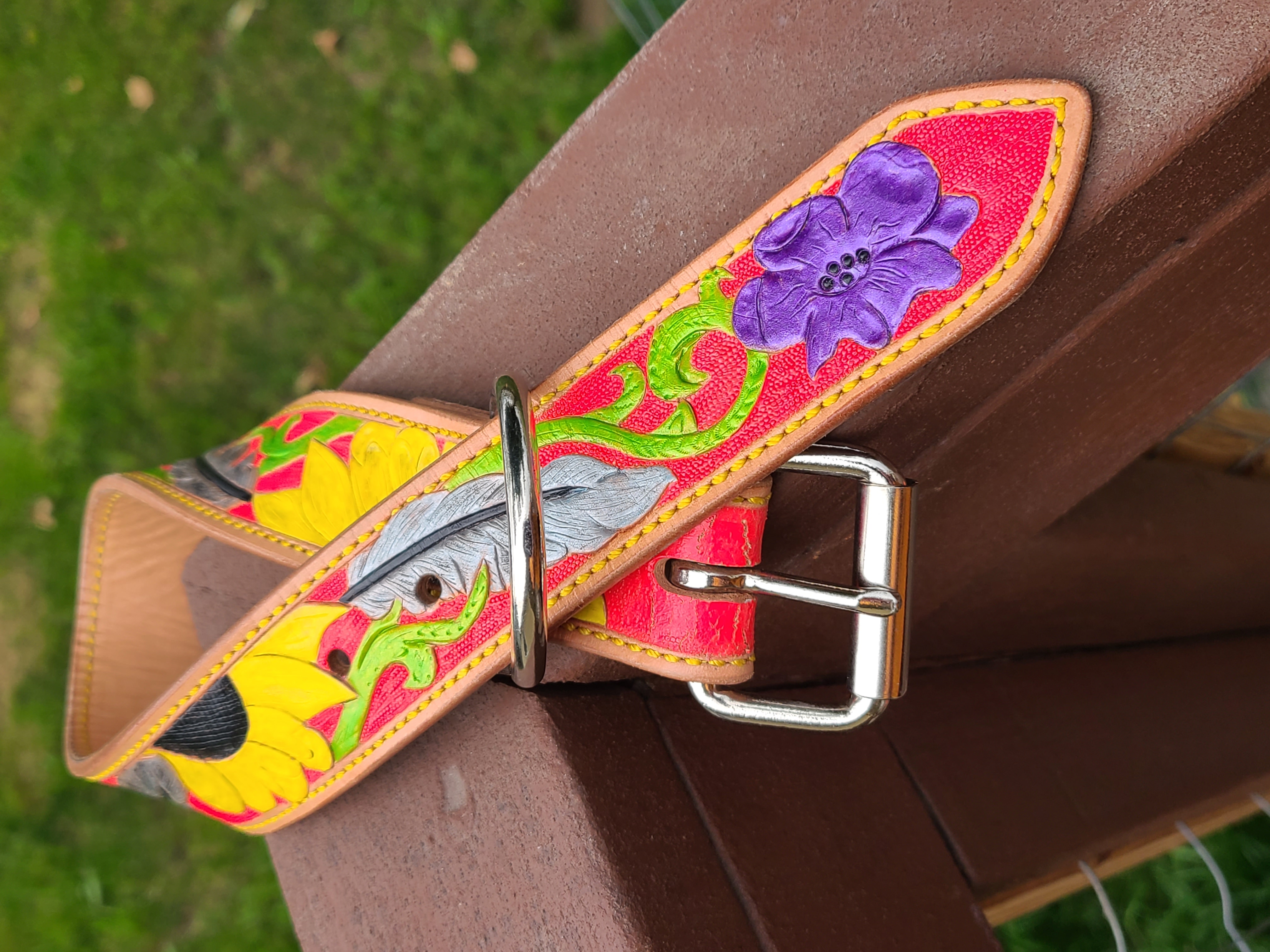 Flowers and Feathers Leather Dog Collar
