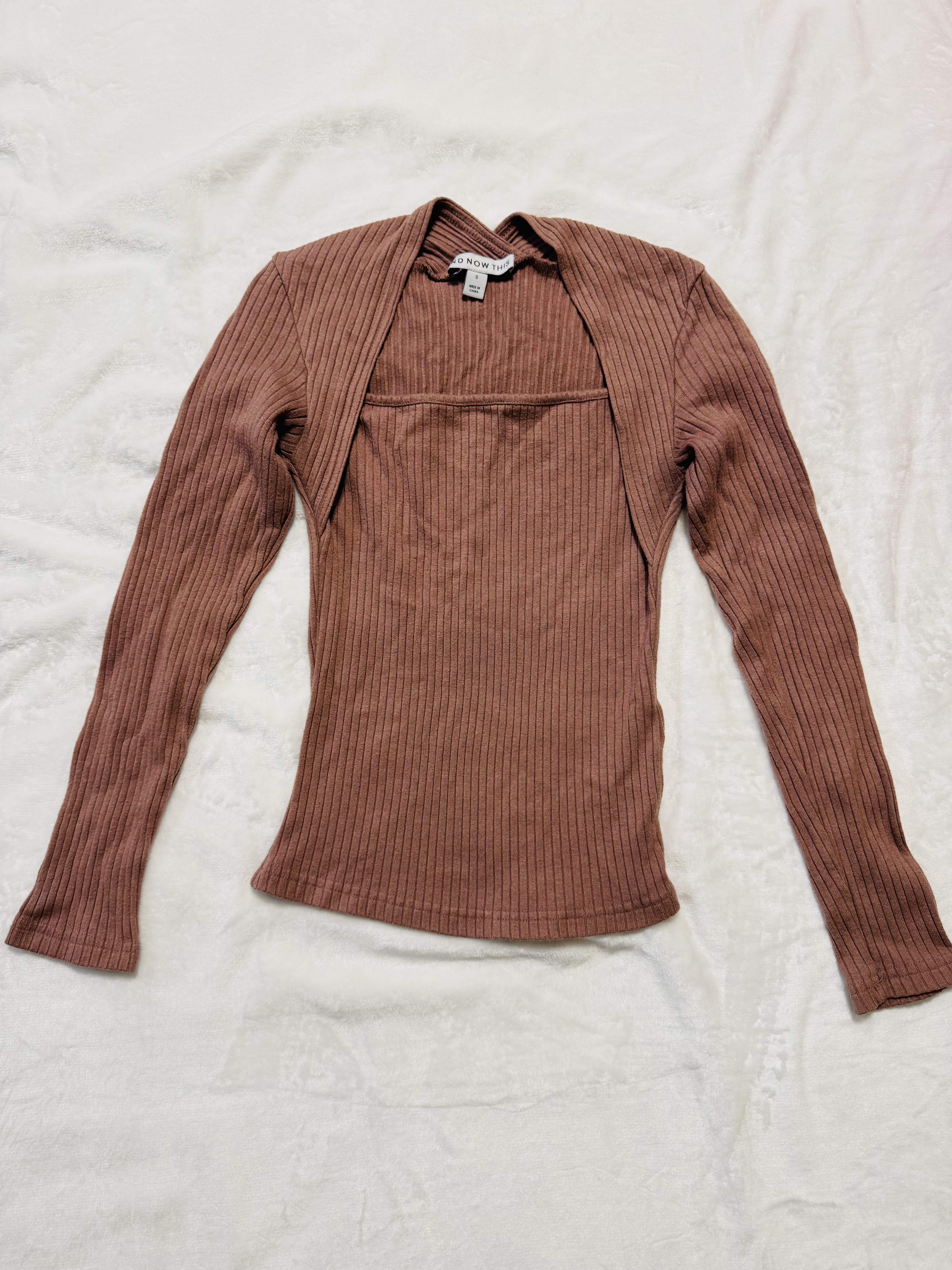 Brown Ribbed Long Sleeve Shrug Top size S