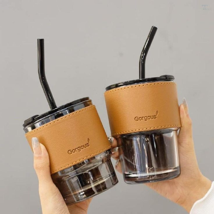 Leather Sleeve Glass Cup with Straw