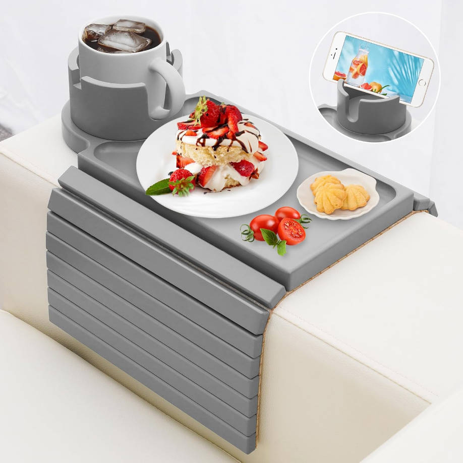Soporte para tazas de sofá, bandeja de mesa de sofá 3 en 1 con soporte giratorio de 360° para sofá, mesa de descanso antideslizante para reposabrazos de sofá grande y ancho, mesa auxiliar