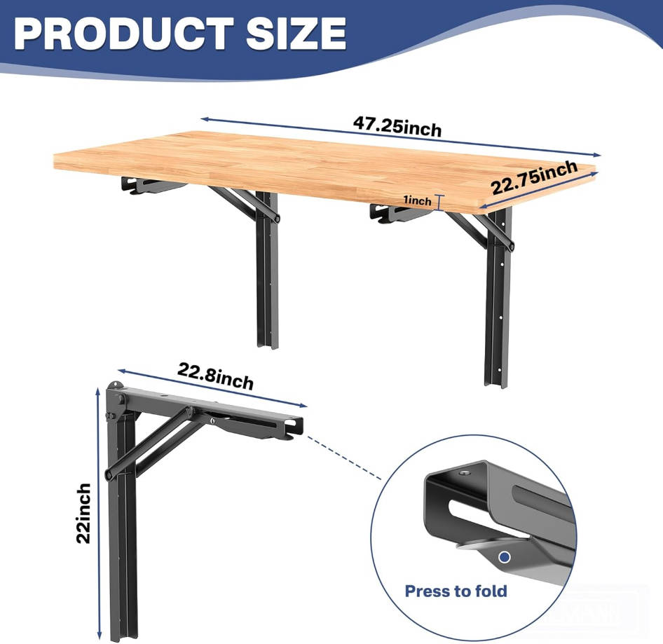 Banco de trabajo plegable montado en la pared que ahorra espacio, mesa de pared plegable resistente para garaje, taller, soporta hasta 550 libras (tamaño de la mesa: 47.25 x 22.75 pulgadas)