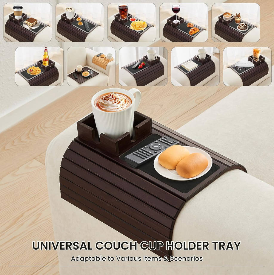 Mesa de bambú para sofá, soporte plegable para sofá, bandeja de brazo ancha antideslizante para reposabrazos, para bebida, taza, control remoto, aperitivos, teléfono celular, portátil, caoba