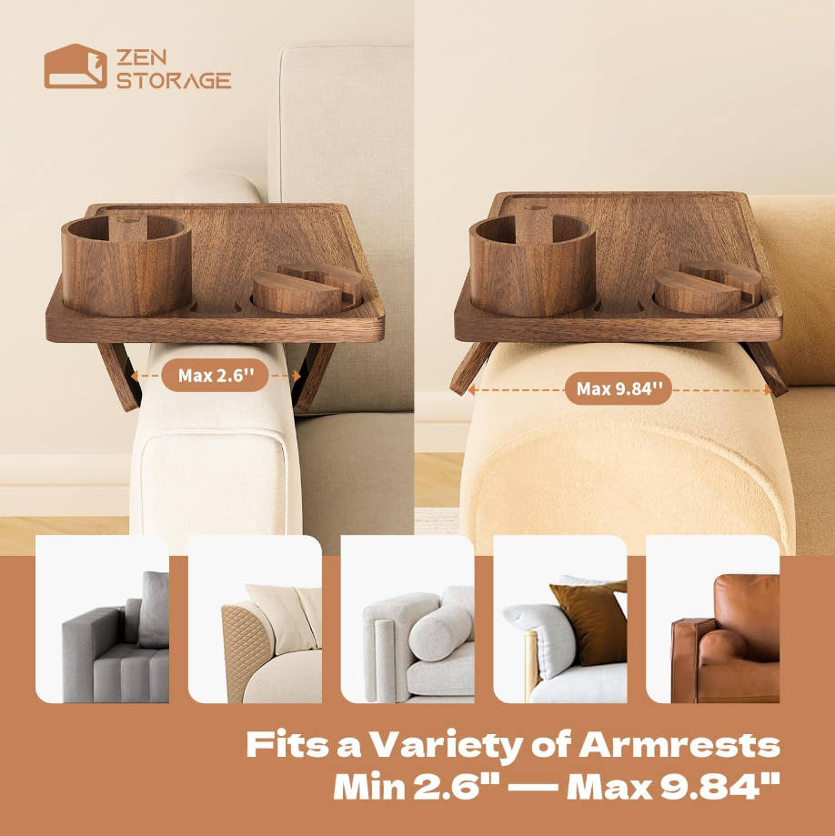 Mesa de brazo de sofá 3 en 1, bandeja de brazo de sofá de madera, mesa estable para sofá con soporte giratorio de 360° y soporte para tazas, bandeja plegable antideslizante para el brazo del sofá para