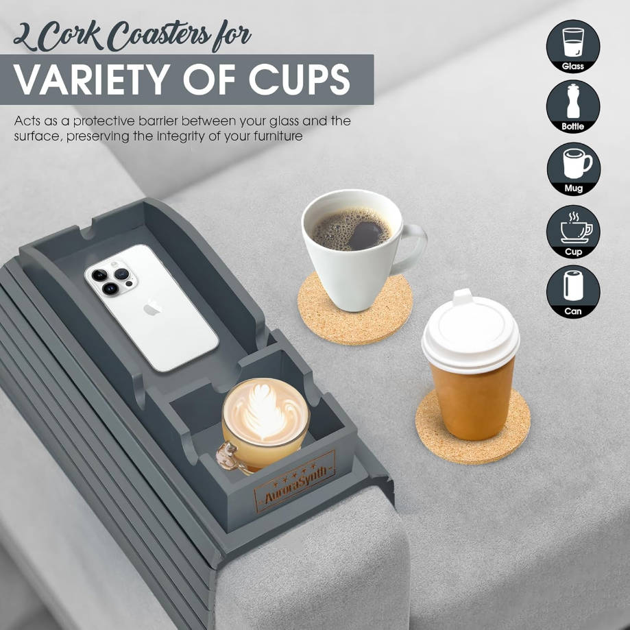 Bandeja de bambú con 2 posavasos de corcho, bandeja plegable antideslizante para sofá, soporte antiderrames para control remoto, aperitivos, teléfono celular, regalo ideal (gris)