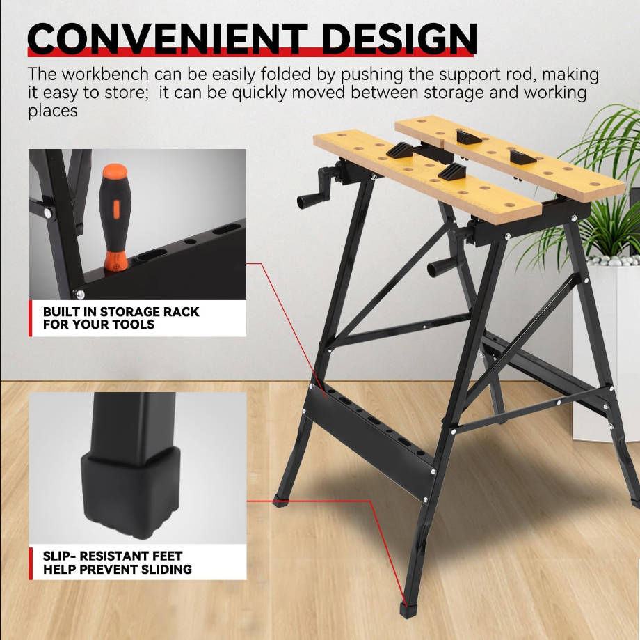 Banco de trabajo plegable ajustable con regla y transportador integrados, mesa de trabajo portátil (8 a 12 pulgadas), capacidad de carga de 220 libras, banco de trabajo multipropósito