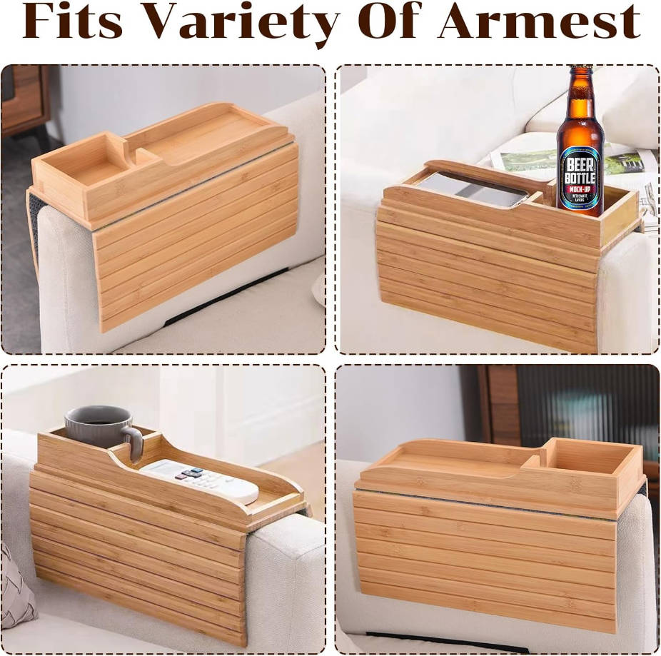 Bandeja de bambú para reposabrazos de sofá, bandeja de brazo desmontable con clip en el sofá, soporte para tazas, antideslizante, plegable, funda de mesa para sofá, aperitivos, teléfono, bebidas, sala