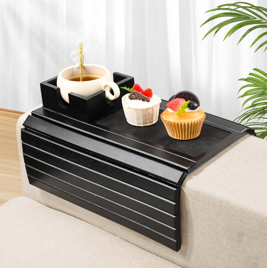 Bandeja para reposabrazos de sofá con soporte grande para tazas, bandeja de brazo de sofá de bambú, soporte antideslizante para tazas, mesa plegable para sofá para comer bebidas y teléfono