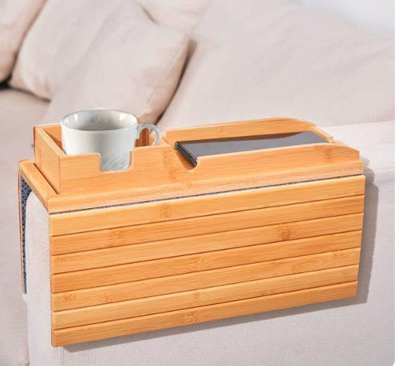 Bandeja de bambú para reposabrazos de sofá 2 en 1, diseño de soporte para tazas de sofá, bandeja de brazo con bandeja desmontable para portavasos de sofá, bandeja plegable antideslizante para