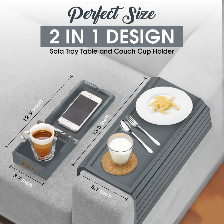Bandeja de bambú con 2 posavasos de corcho, bandeja plegable antideslizante para sofá, soporte antiderrames para control remoto, aperitivos, teléfono celular, regalo ideal (gris)