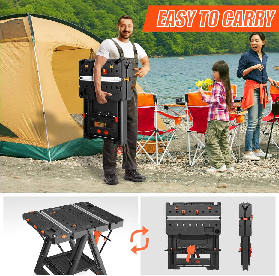 Banco de trabajo plegable, mesa de trabajo plegable portátil impermeable 2 en 1, 31 pulgadas de ancho x 25 pulgadas de profundidad x 32 pulgadas de alto, mesa de trabajo de altura ajustable