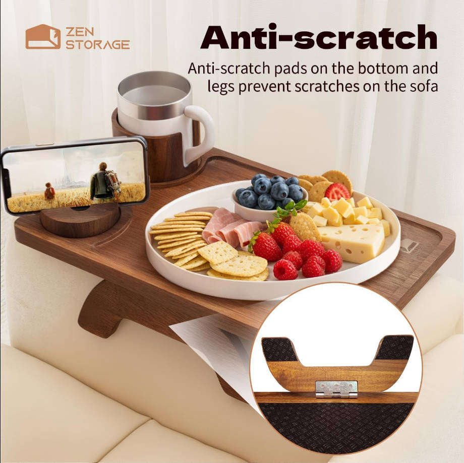Mesa de brazo de sofá 3 en 1, bandeja de brazo de sofá de madera, mesa estable para sofá con soporte giratorio de 360° y soporte para tazas, bandeja plegable antideslizante para el brazo del sofá para