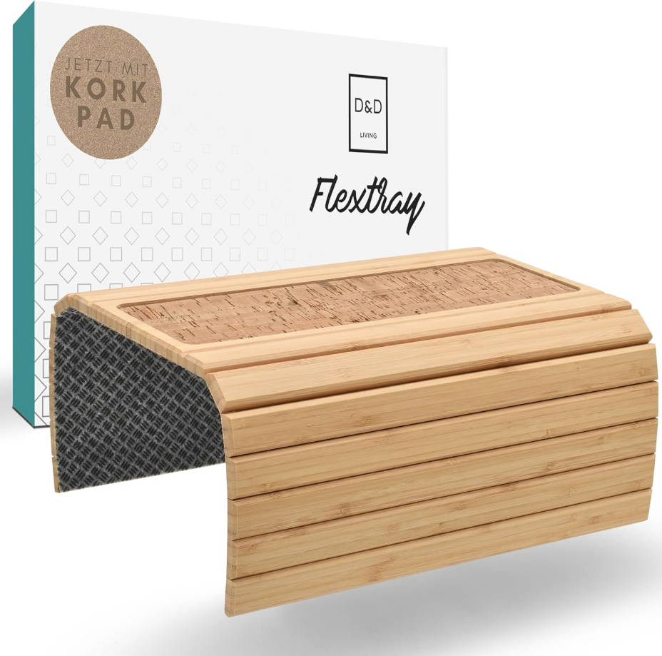 Bandeja de sofá – Organizador de reposabrazos flexible con almohadilla de corcho antideslizante | Bandeja de sofá con 18.5 x 13.4 pulgadas, bambú natural sostenible grande