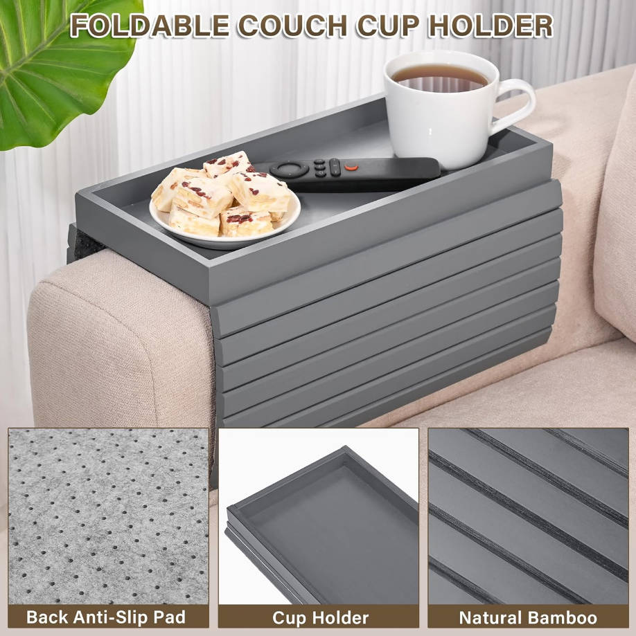 Bandeja de brazo de sofá de bambú, bandeja de brazo de sofá anticaída, bandeja plegable para reposabrazos de sofá, mesa de brazo para comer, bebidas, aperitivos, control remoto, teléfono