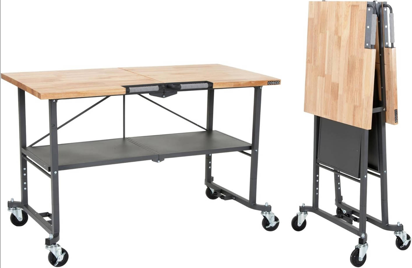 SmartFold - Banco de trabajo portátil de carnicero/mesa plegable (parte superior de madera dura, capacidad de peso total de 700 libras, ruedas de bloqueo, marco de acero gris, 1 unidad)