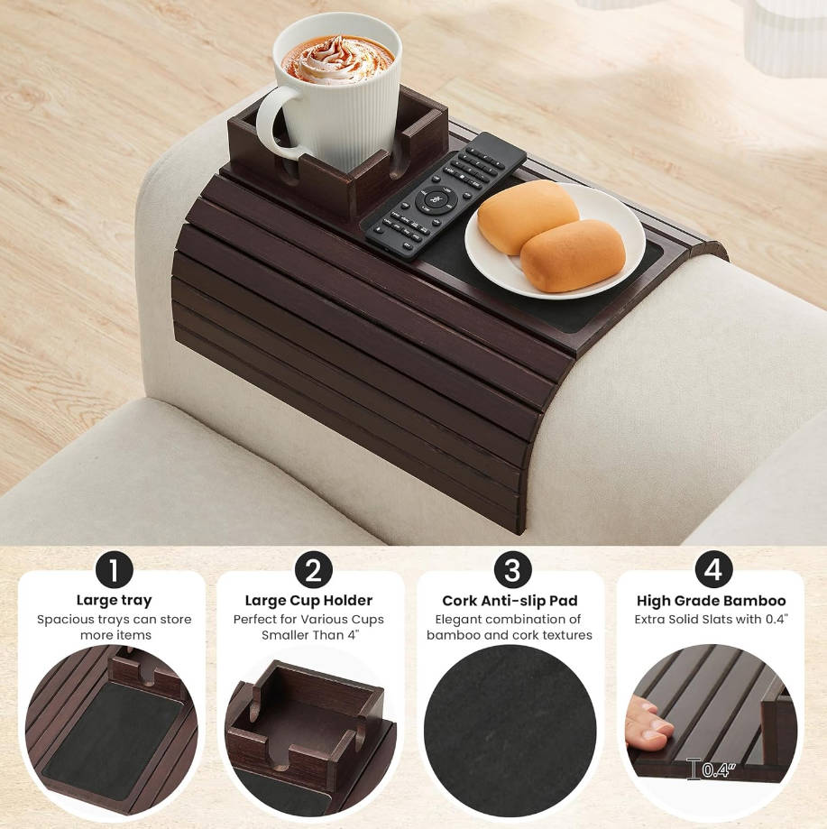 Mesa de bambú para sofá, soporte plegable para sofá, bandeja de brazo ancha antideslizante para reposabrazos, para bebida, taza, control remoto, aperitivos, teléfono celular, portátil, caoba